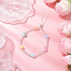 3Pcs 3 Colors Dyed Natural Selenite & Rainbow Fluorite & Rose Quartz & Glass Seed Round Beaded Phone Hand Strap Chains&nbsp;HJEW-JM03363