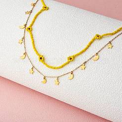 Glass Seed Braided Flower Double Layer Necklace&nbsp;NJEW-SW00015-01