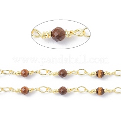 Brass & Natural Tiger Eye Handmade Beaded Chain&nbsp;CHC-D029-15G-11