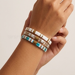 3Pcs 3 Styles Square Glass Tile Beaded Stretch Bracelet Sets with Synthetic Non-magnetic Hematite Beads for Women&nbsp;HZ1549