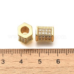 Rack Plating Hexagon Brass Micro Pave Clear Cubic Zirconia European Beads&nbsp;KK-Q040-10G