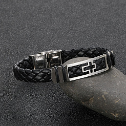Hollow Corss Link Bracelet with Leather Cords&nbsp;PW-WG26645-01