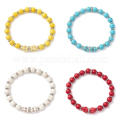 4Pcs 4 Colors Halloween Brass Crystal Rhinestone & Dyed Synthetic Turquoise Skull & Round Beaded Stretch Bracelet Sets for Men Women&nbsp;BJEW-JB12254