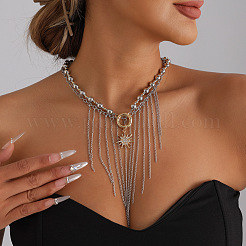 Two Tone Alloy Sun and Chain Tassel 2-Strand Bib Necklaces with CCB Plastic Beads for Women&nbsp;WG233F9-01