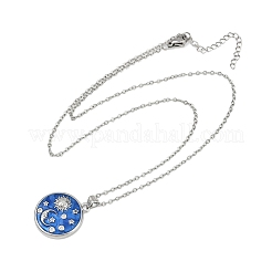Brass Micro Pave Clear Cubic Zirconia with Blue Enamel Flat Round Pendant Necklaces&nbsp;NJEW-Z088-03P-01
