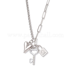 Alloy Crystal Rhinestone Heart Key Lock Pendant 304 Staniless Steel Rolo Chain Paperclip Chain Necklaces for Women&nbsp;NJEW-JN05620