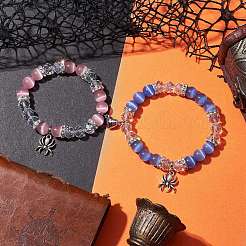 2Pcs 10mm Round Blue Cat Eye & Pink Cat Eye & Faceted Glass Beaded Stretch Bracelet Sets for Lover&nbsp;BJEW-JB10325-01