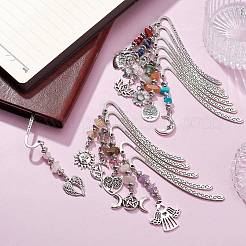 12Pcs Gemstone Chip Beaded Pendant Bookmarks with Alloy Mixed Shapes Charms&nbsp;GG-CJ91EC-AS