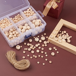 6 Style Natural Round Wood Beads and Jute Cords&nbsp;WOOD-YW0001-02