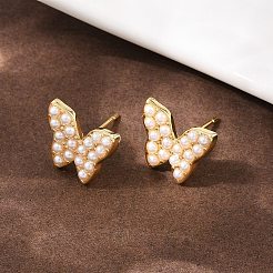 Brass ABS Plastic Pearl Butterfly Stud Earrings&nbsp;EJEW-L275-10G