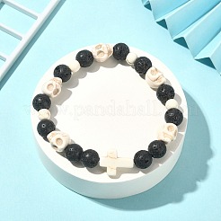 Dyed Natural & Synthetic Mixed Gemstone Skull & Cross Beaded Stretch Bracelets&nbsp;BJEW-TA00272-01