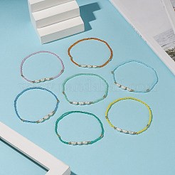 7Pcs 7 Colors Natural Pearl & Glass Seed & Brass Beaded Stretch Anklets Set for Women&nbsp;AJEW-AN00529