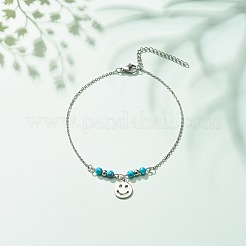 304 Stainless Steel Smiling Face Charm Anklet with Round Natural White Jade Beads for Women&nbsp;AJEW-AN00498-03