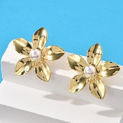 Brass ABS Plastic Imitation Pearl Flower Stud Earrings&nbsp;EJEW-S258-02G