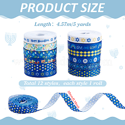 12 Rolls 12 Colors Hanukkah Polyester Printed Grosgrain Ribbon&nbsp;OCOR-PH0005-50