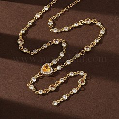 Brass Pave Cubic Zirconia Heart Pendant Y Tassel Necklaces for Women&nbsp;NJEW-A071-01G-03