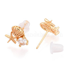 Shell Shape & Starfish Brass Micro Pave Clear Cubic Zirconia Stud Earrings&nbsp;EJEW-T047-35G