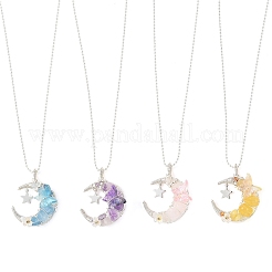 4Pcs 4 Colors Natural Aquamarine & Rose Quartz & Yellow Fluorite & Lavender Amethyst Wire Wrapped Moon with Acrylic Butterfly Pendant 304 Stainless Steel Ball Chain Necklaces&nbsp;NJEW-TA00266
