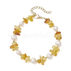 Natural Amber & Cultured Freshwater Pearl & Brass Beaded Bracelets for Women&nbsp;BJEW-JB13663