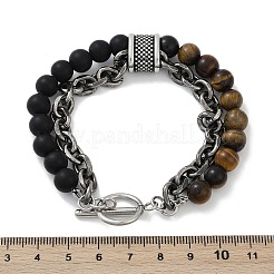 Natural Round Tiger Eye & Frosted Black Bead Bracelets&nbsp;BJEW-M081-01B
