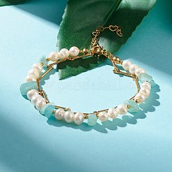 Natural Flower Amazonite & Pearl Beads Double Layered Bracelet&nbsp;BJEW-TA00025-04