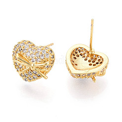 Heart Brass Micro Pave Clear Cubic Zirconia Stud Earrings&nbsp;EJEW-T047-48G