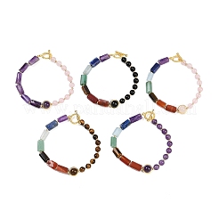 Natural Mixed Stone with Brass Round & Prism Beaded Bracelets for Women&nbsp;BJEW-G752-01G