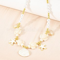 Ocean Brass Enamel Starfish Shell Shape Pendant Round ABS Imitation Pearl Beaded Necklaces&nbsp;KK-CBA4547-04D-G