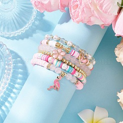 6Pcs 6 Styles Handmade Polymer Clay Heishi & Glass & Electroplate Non-magnetic Synthetic Hematite & Rose Quartz Beads Stretch Bracelets & Alloy Enamel Charm Bracelets&nbsp;BJEW-JB12231