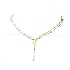 Natural Cultured Freshwater Pearl Rice Beaded Brass Satellite Chain Double Layer Necklaces&nbsp;NJEW-JN05689