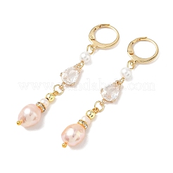 Teardrop Brass & Natural Cultured Freshwater Pearl Hoop Earrings&nbsp;EJEW-JE07012
