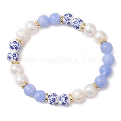 Natural Blue Lace Agate & Cultured Freshwater Pearl & Handmade Porcelain Ceramic Beads Stretch Bracelets for Women&nbsp;BJEW-JB13085