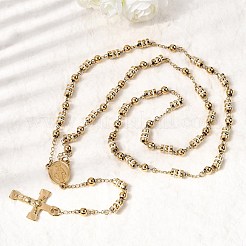 304 Stainless Steel Rosary Bead Necklaces Cross Virgin Pendant Necklaces&nbsp;NJEW-P348-01G