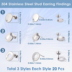 60Pcs 3 Style 304 Stainless Steel Stud Earring Findings&nbsp;STAS-SP0001-57