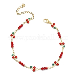 Brass Glass and Enamel Red Cherry Link Chain Anklets for Women&nbsp;AJEW-AN00814