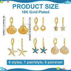 6 Pairs 6 Styles Ocean Theme Brass Dangle Hoop Earrings&nbsp;EJEW-PH01460