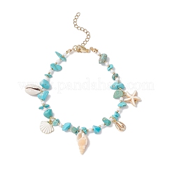 Summer Beach Synthetic Turquoise Chip Starfish & Natural Shell & Alloy Enamel Charm Anklets&nbsp;X1-AJEW-TA00037