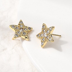 Star Brass Micro Pave Clear Cubic Zirconia Stud Earrings&nbsp;EJEW-K276-13G