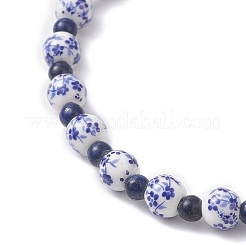 Handmade Flower Printed Porcelain Ceramic & Natural Lapis Lazuli Beads Stretch Bracelets for Women&nbsp;BJEW-JB12932