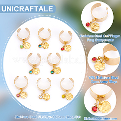 8Pcs 8 Color Birthstone Rhinestone & 201 Stainless Steel Flat Round Charm Rings Set&nbsp;RJEW-AB00003