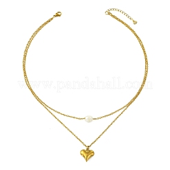 Natural Pearl Rice and 304 Stainless Steel Pendant Double Layer Necklaces for Women&nbsp;NJEW-JN06211-02