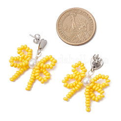 4 Pairs 4 Colors Heart with Bowknot Handmade Glass Seed Beads Dangle Stud Earrings&nbsp;EJEW-MZ00474