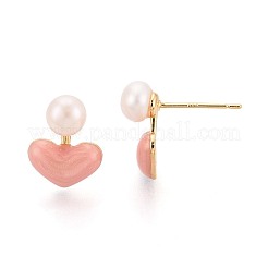 Heart Brass Natural Pearl Stud Earrings&nbsp;PEAR-N017-07A