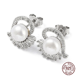 Anti-Tarnish Cubic Zirconia Heart with Natural Pearl Stud Earrings&nbsp;EJEW-F318-10P