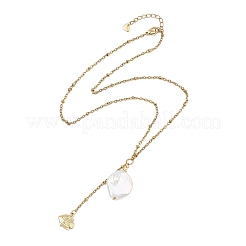 Summer Natural Baroque Keshi Pearl & 304 Stainless Steel Sea Animal Pendant Satellite Chain Y Lariat Necklaces&nbsp;NJEW-JN06049-04