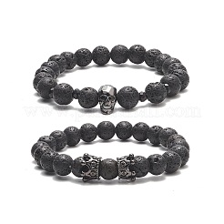 2Pcs 2 Style Natural Lava Rock & Brass Beaded Stretch Bracelets Set&nbsp;BJEW-JB09244-03