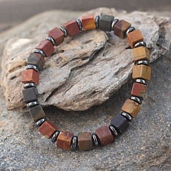 Cube Natural Picasso Jasper & Synthetic Non-magnetic Hematite Beads Stretch Bracelets for Women Men, Adjustable
