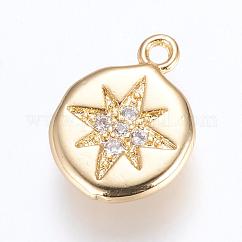 Brass Charms, Cadmium Free & Lead Free, with Cubic Zirconia, Flat Round with Star, Golden, 13x9.5x2mm, Hole: 1mm