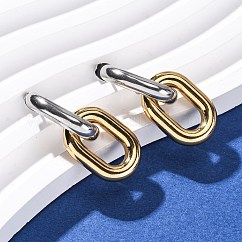 304 Stainless Steel Two Tone Oval Dangle Stud Earrings, Ion Plating(IP), Real 18K Gold Plated, 32x14mm