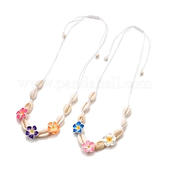 Handmade Polymer Clay 3D Flower Plumeria & Natural Cowrie Shell Beaded Braided Necklaces&nbsp;NJEW-TA00202